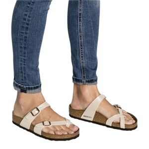 Birkenstock Mayari Strappy Toe Post Soft Footbed White Faux Leather Sandals